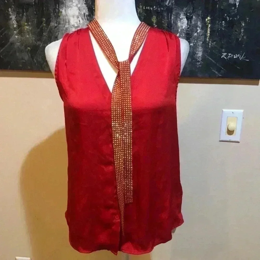 Michael Kors Red Sleeveless Beaded Neck Tie Top with Button Front Size Small